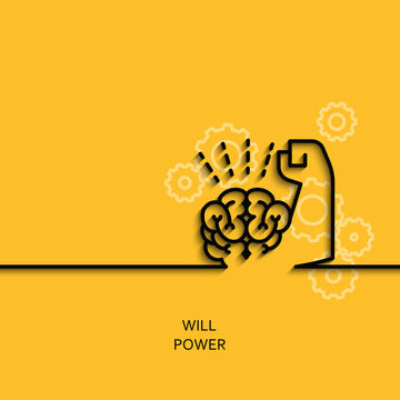 Vector business illustration in linear style with a picture of willpower as brain and muscle hand on yellow background poster or banner template.