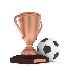 Isolated bronze cup with ball on white background. Soccer and football. Third place trophy. Game and competition. 3D rendering