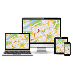 Computer monitor, laptop, tablet pc and mobile phone with GPS map on screen. Isolated on white background.