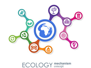 Ecology mechanism concept. Abstract background with connected gears and icons for eco friendly, energy, environment, green, recycle, bio and global concepts. Vector infographic illustration.