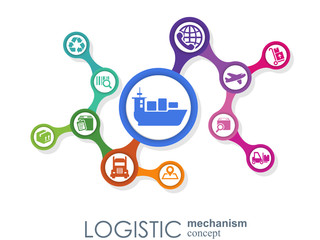 LOGISTIC mechanism concept. distribution, delivery, service, shipping, logistic, transport, market concepts. Abstract background with connected objects. Vector illustration.
