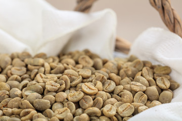 Green coffee beans in a basket