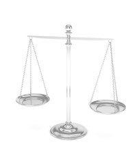 Isolated white silver scales on white background. Symbol of judgement. Law, measurement, liberty in one concept. 3D rendering.