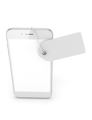 White smart phone with white price tag on white background. Identification, price, label. 3D rendering.