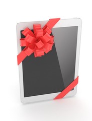 White tablet with red bow. 3D rendering.