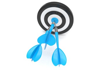 Three arrows darts in center. 3d rendering.