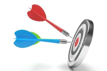 Three arrows darts in center. 3d rendering.