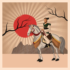 Fototapeta na wymiar Samurai man cartoon on horse with uniform icon. comic and japan culture. Colorful design. Striped background. Vector illustration