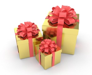 three gift boxes with bows isolated on white. 3d rendering.
