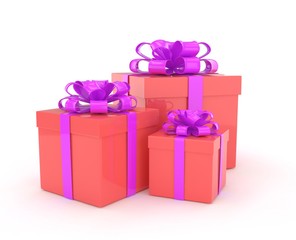 three gift boxes with bows isolated on white. 3d rendering.