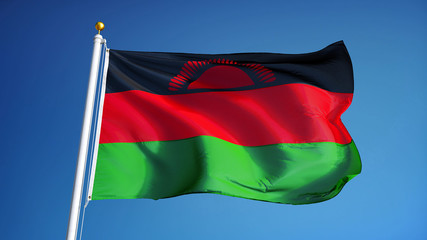 Malawi flag waving against clean blue sky, close up, isolated with clipping path mask alpha channel transparency