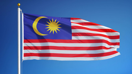 Malaysia flag waving against clean blue sky, close up, isolated with clipping path mask alpha channel transparency