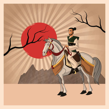 Samurai man cartoon on horse with uniform icon. comic and japan culture. Colorful design. Striped background. Vector illustration