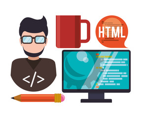 computer mug pencil bubble man boy glasses developer web responsive development website programming icon set. Colorful design. Vector illustration