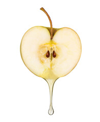 juice in the form of drop flowing from fresh apple on white back