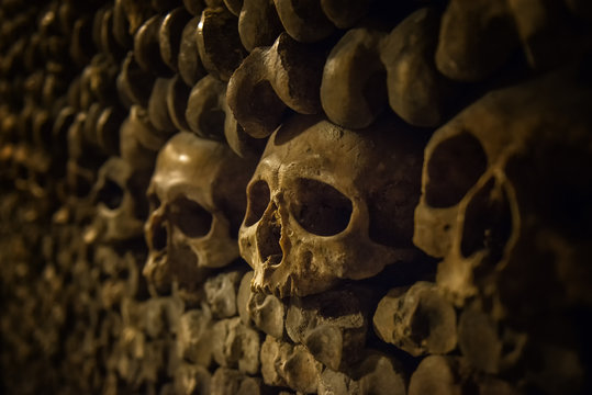 Skulls and bones in Paris Catacombs