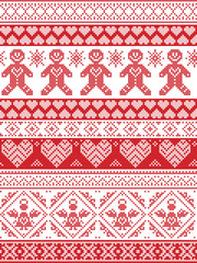 Scandinavian Printed Textile  inspired festive winter seamless pattern in cross stitch with Gingerbread man,  snowflake, decoration elements, angel, hearts and decorative ornaments in red and white
