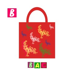 Year of the rooster. Cute cartoon english alphabet with colorful image and word. Kids vector ABC. Letter B. Bag.