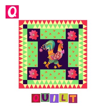 Year of the rooster. Cute cartoon english alphabet with colorful image and word. Kids vector ABC. Letter Q. Quilt.