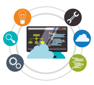 Computer Cloud Tools Wrench Bulb Lupe Gears Developer Web Responsive Development Website Programming Icon Set. Colorful Design. Vector Illustration