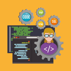 woman girl glasses gears developer web responsive development website programming icon set. Colorful design. Vector illustration