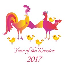 Year of the Rooster. Cute cartoon card with cock and hen. 2017. Chinese zodiac. Vector illustration.