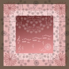 Lovely tablecloth or beautiful bandana print with floral border. Vector image. Hand drawn floral lace. Silk neck scarf with flowers on background in pink tones. Kerchief square pattern.