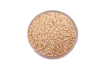 Bowl with quinoa on a white background top view