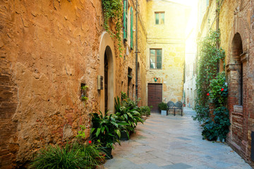 Fototapeta na wymiar Old Mediterranean town - narrow street with flowers