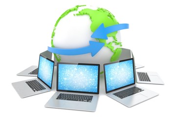 Laptop network around earth globe. 3d render