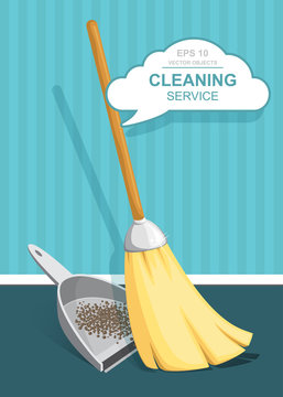 Cleaning service elements. House cleaning. Garbage, dustpan and broom