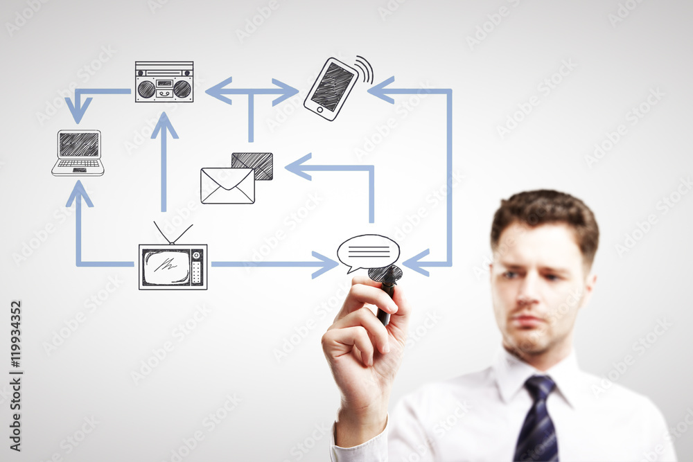 Aufkleber man drawing technology network