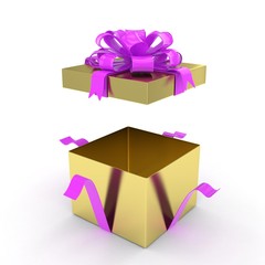 open gift box with bows isolated on white. 3d rendering.