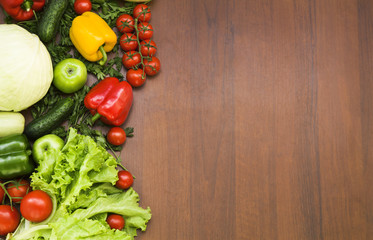 Vegetables on wood. Bio Healthy food,  Organic vegetables on wood.  Top view with copy space.