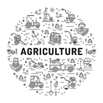 Agriculture and farming line art icons, farm infographics design template. Garden tiller and farm machines. Vector illustration agriculture and gardening mock-up flyers, banners, book covers, web