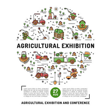 Agricultural Exhibition design card template, flyer or web banner. Vector agriculture and gardening circle colorful infographics concept, Farming line art icons, Garden tiller and farm machines