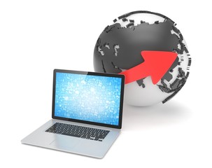 Laptop network and earth globe. 3d render
