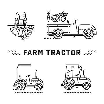 Set logos farm tractor on a white background, isolated icons in the line art style. Agriculture machines, Tractor in a field, walk-bihind tractor. Vector illustration