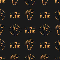 Music seamless pattern thin line art minimal design, Text I love music, punk with a mohawk, Hand Rock N Roll Sign, Hipster style vector illustration. Musical icons on a dark background