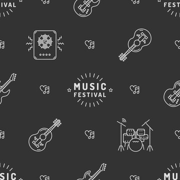 Music Festival seamless pattern thin line art minimal design. Icons: guitar, sound speaker, drum set, heart, note, star. White logos on a dark gray background Vector illustration