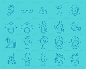 Fototapeta premium Plastic surgery concept thin line art icons. Medical symbols and plastic surgery before and after: breast augmentation, liposuction, blepharoplasty, rhinoplasty and otoplasty. Vector illustration
