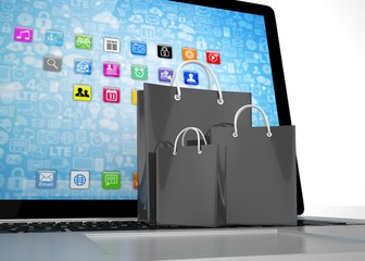 laptop and  shopping pags on white background. 3d rendering.