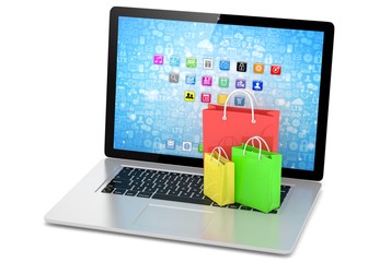 laptop and  shopping pags on white background. 3d rendering.