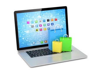 laptop and  shopping pags on white background. 3d rendering.