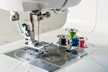 Close up view of sewing machine with reels