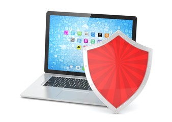 Laptop and shield on white, computer security concept. 3d rendering.