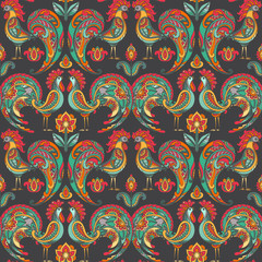 Vector seamless pattern with roosters and flowers.