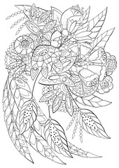 Coloring book for adult and older children. Coloring page with flowers and decorative elements