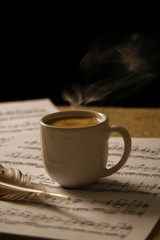 Cup of coffee on a music score.