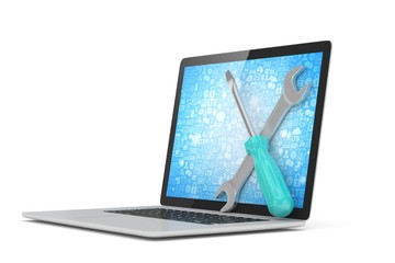 3D Illustration Wrench and screwdriver on laptop, service concept